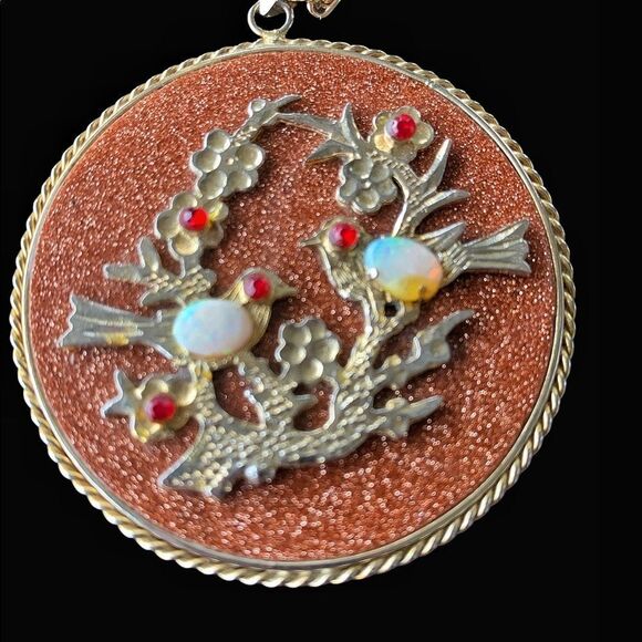 Rare vintage HOBE’ goldstone opal huge 2.25” pendant necklace faux sapphire ruby - Picture 13 of 16